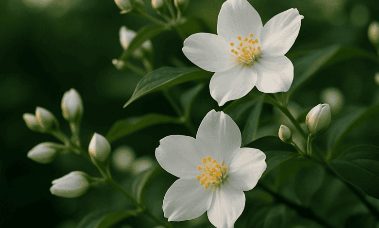 Цъфтящ жасмин (Jasminum) в стествена градинска среда