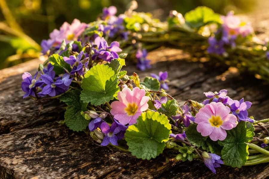 Лазарски венец от теменужки и иглика с капки роса в сутрешна светлина